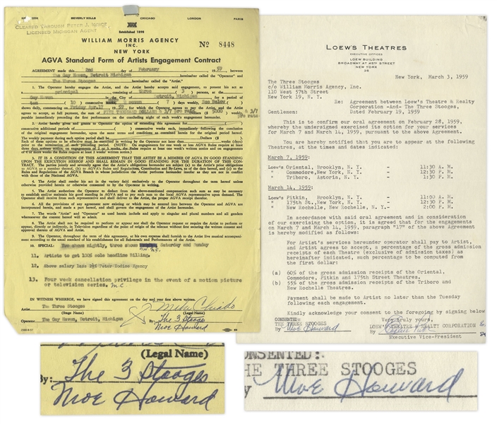Two 1959 Contracts Signed by Moe Howard -- AGVA Contract Signed ''The 3 Stooges / Moe Howard'' & Loew's Theatres Contract Signed ''Moe Howard'' -- Each Measures 8.5'' x 11'', Very Good